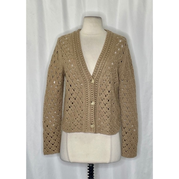 VINCE Crochet Cardigan Sweater Cashmere Wool Amber Light Cropped Knitwear Small - Picture 3 of 15